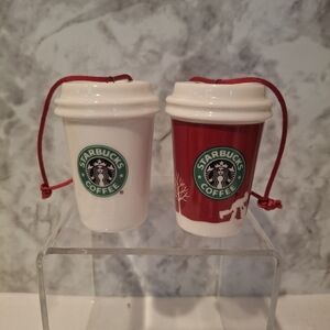Starbucks 2006 Christmas To Go Cup Ornaments Holiday Red & White Ceramic No Box